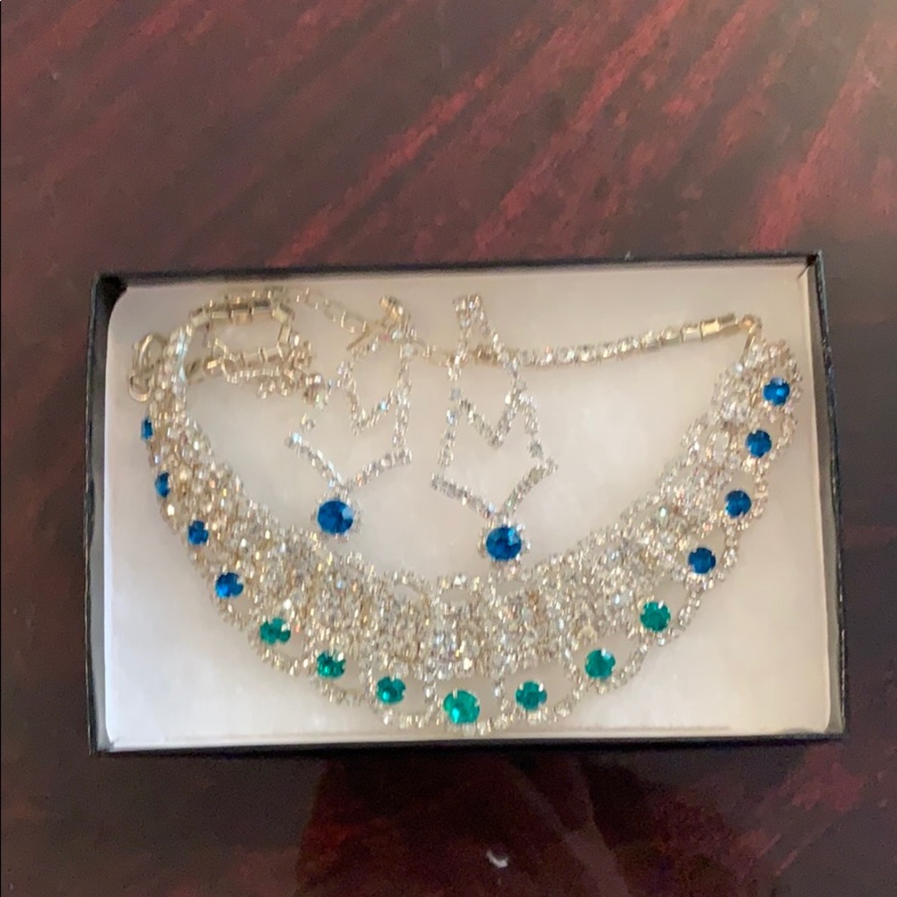 Green/blue rhinestone jewelry set